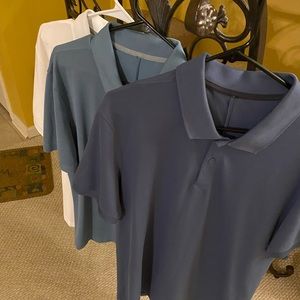 3 Lululemon polos in white, navy, & slate blue. BARELY worn.